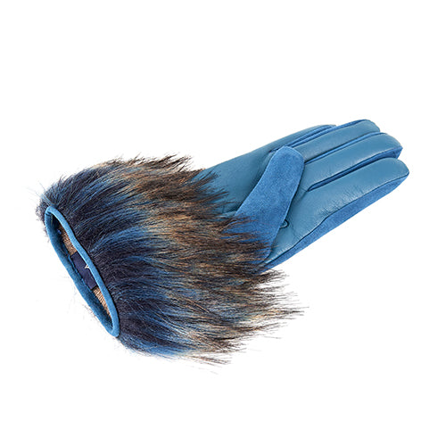 Ladies' touchscreen leather and suede combination gloves with faux fur cuff