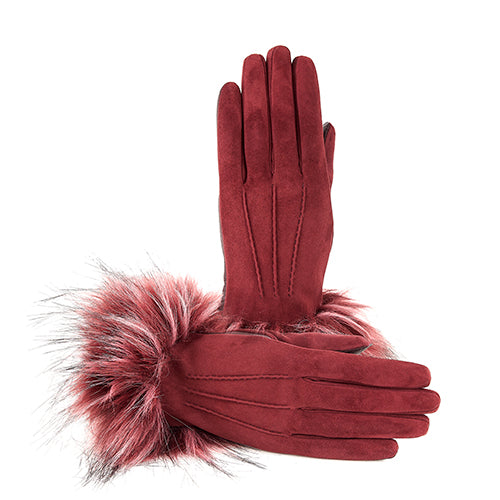 Ladies' touchscreen leather and suede combination gloves with faux fur cuff