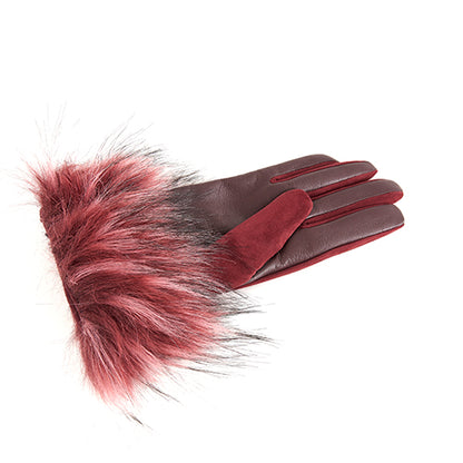 Ladies' touchscreen leather and suede combination gloves with faux fur cuff
