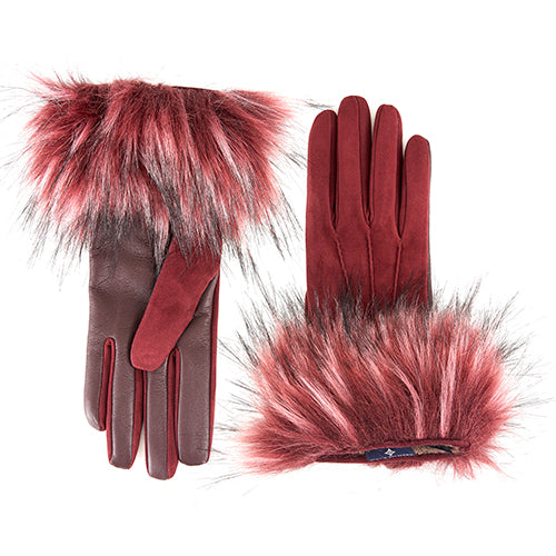Ladies' touchscreen leather and suede combination gloves with faux fur cuff