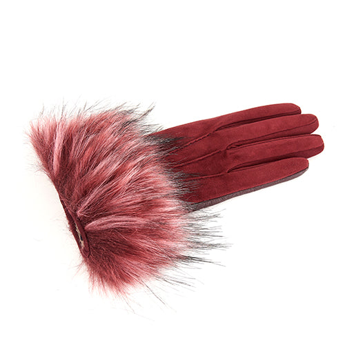 Ladies' touchscreen leather and suede combination gloves with faux fur cuff