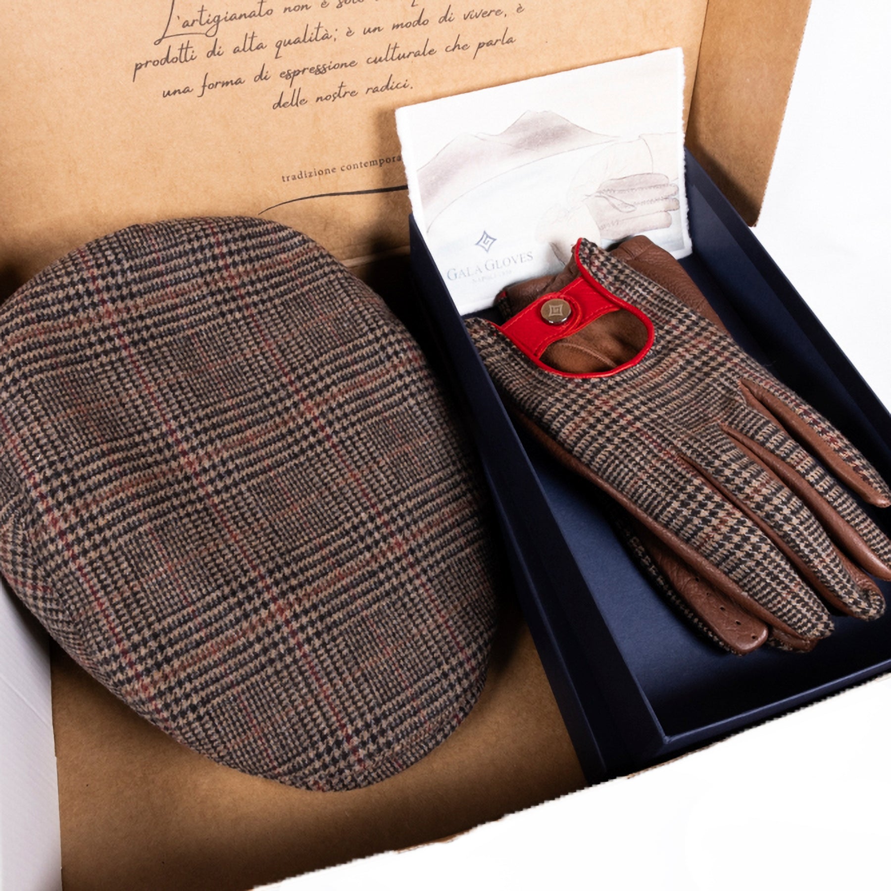 Elegant brown driving gloves with a houndstooth pattern, paired with a matching cap, presented in a luxury gift box.