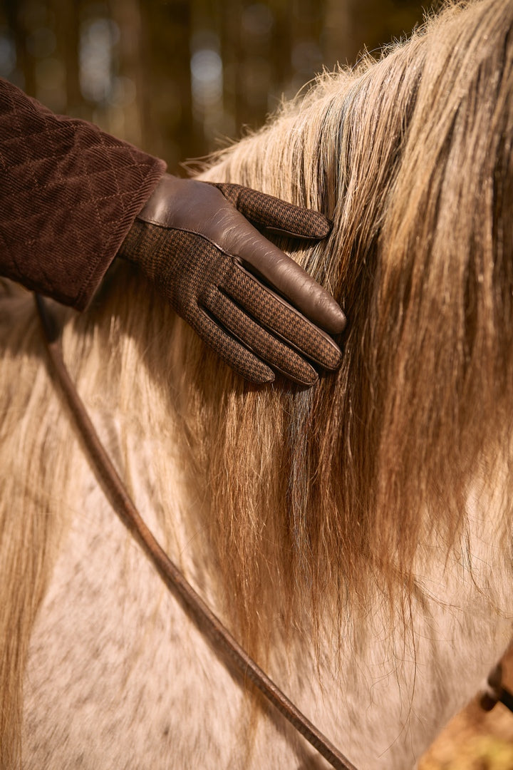 Hand in brown leather gloves gently stroking a horses mane, showcasing luxury craftsmanship and a connection to nature.