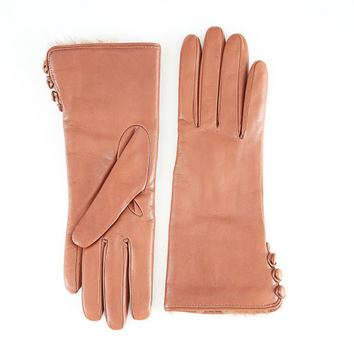 Women's cognac nappa leather gloves with rabbit fur details