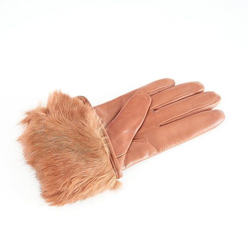 Women's cognac nappa leather gloves with rabbit fur details