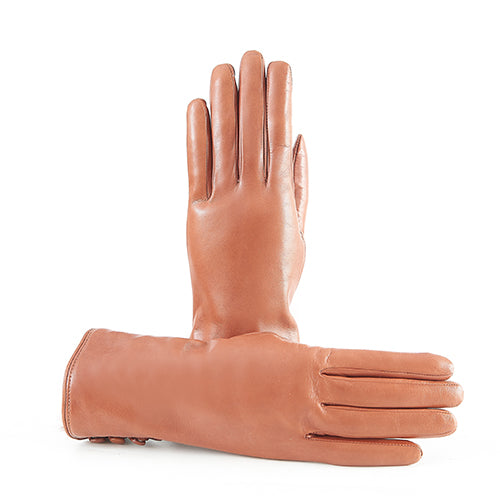 Women's cognac nappa leather gloves with rabbit fur details