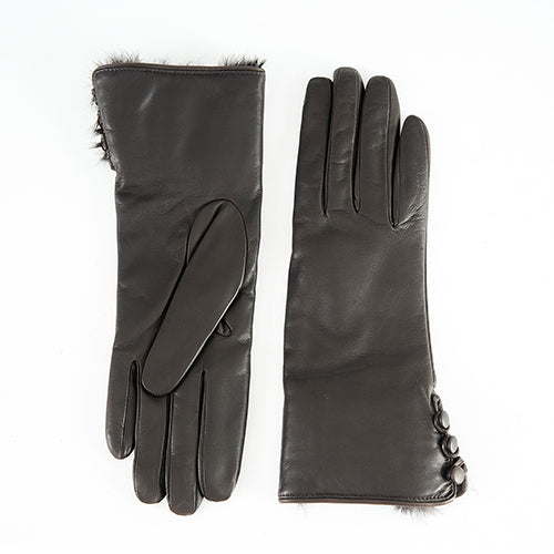 Women's cognac nappa leather gloves with rabbit fur details