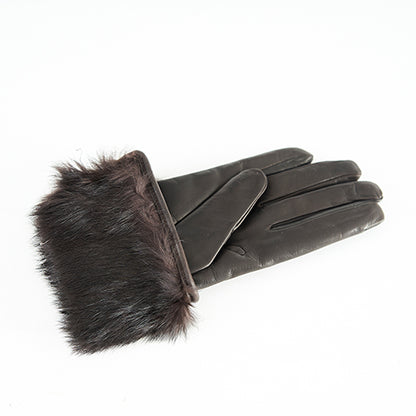 Women's cognac nappa leather gloves with rabbit fur details