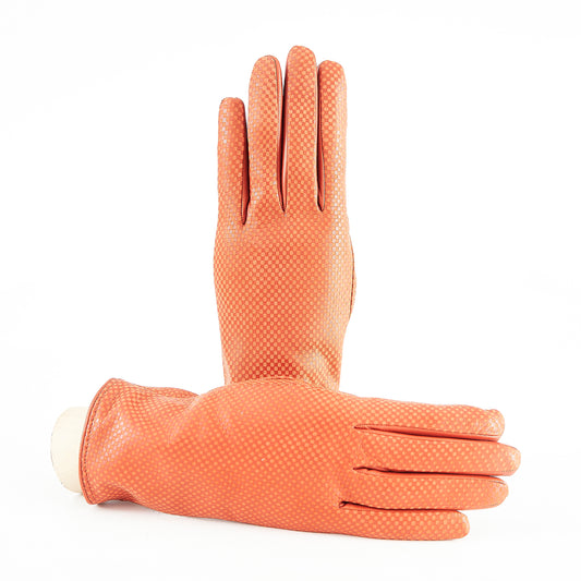 Guanti da donna in pelle nappa damascata colore arancione foderati cashmere