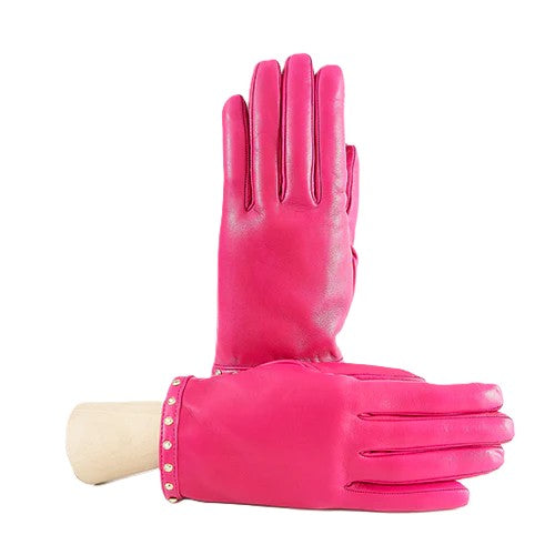 Woman's fuxia nappa leather gloves with Swarovski studs