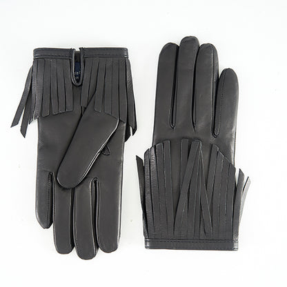 Ladies' black nappa leather gloves featuring stylish fringes and a luxurious cashmere lining for added warmth and elegance.