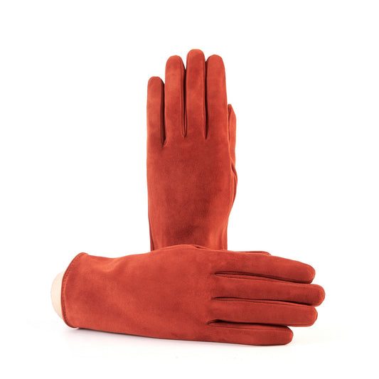Guanti da donna classici in pelle suede colore tabacco con apertura sottomano e foderati cashmere