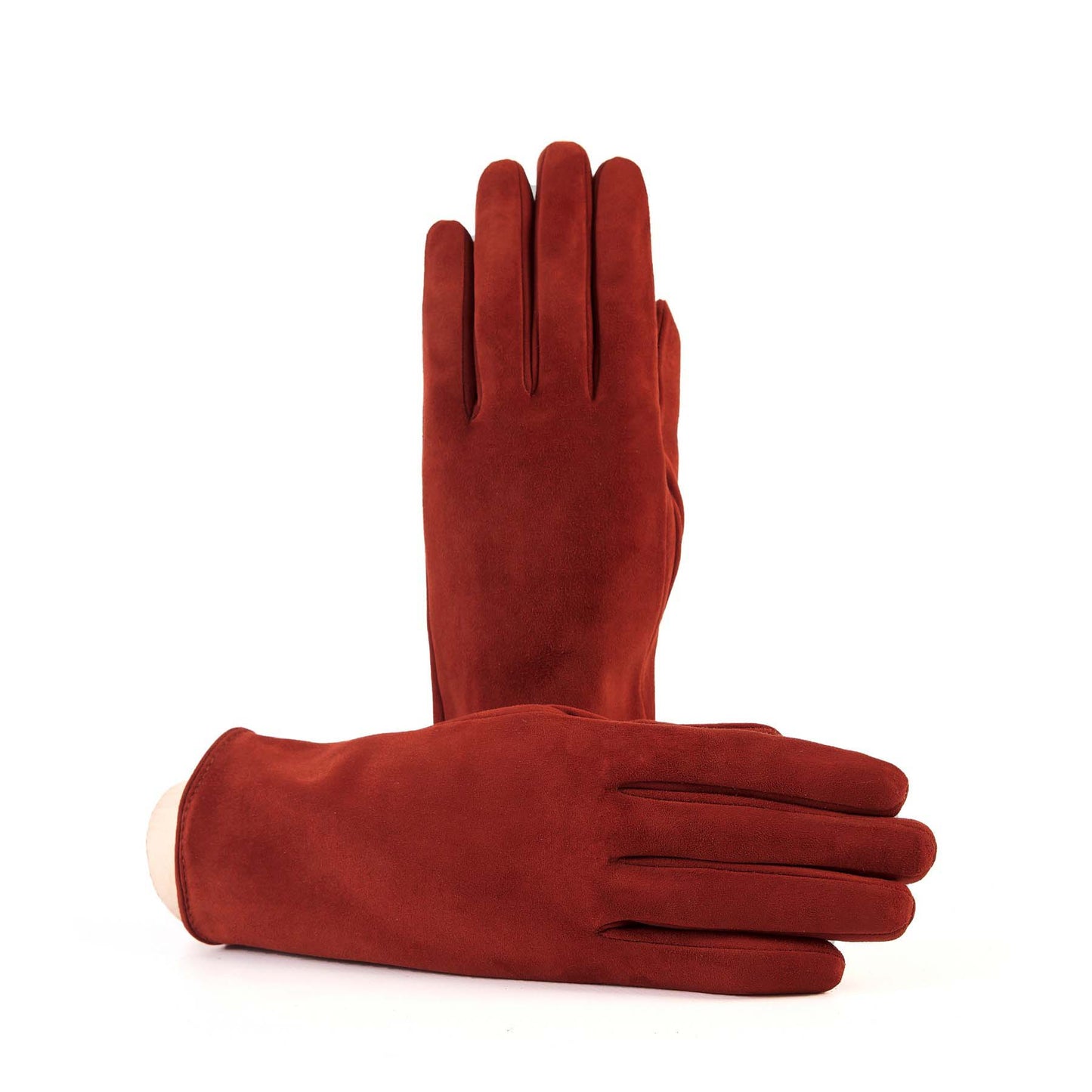 Guanti da donna classici in pelle suede colore tabacco con apertura sottomano e foderati cashmere