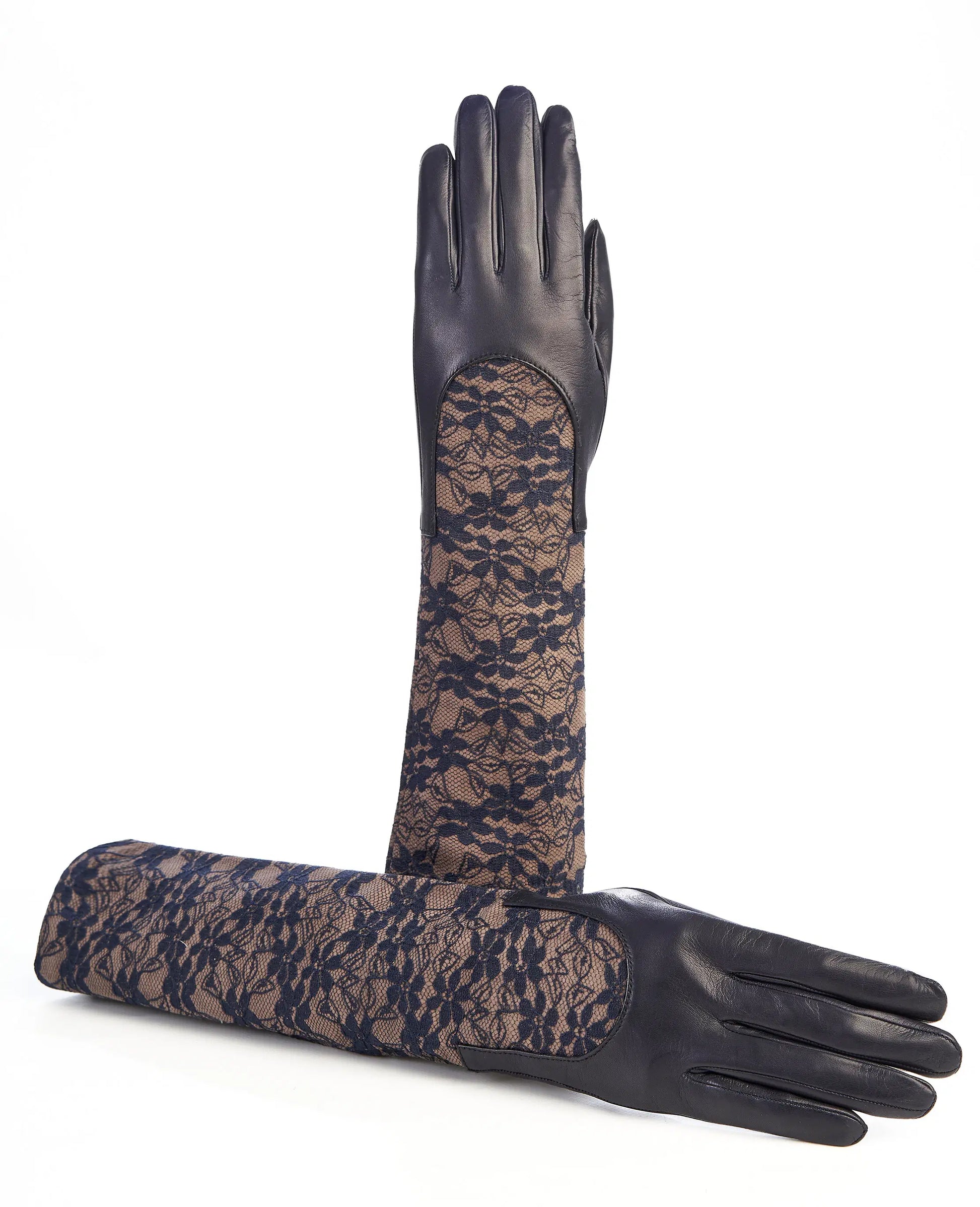 Ladies navy leather gloves with elbow lenght lace sleeve