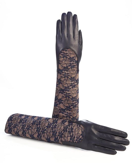 Ladies navy leather gloves with elbow lenght lace sleeve
