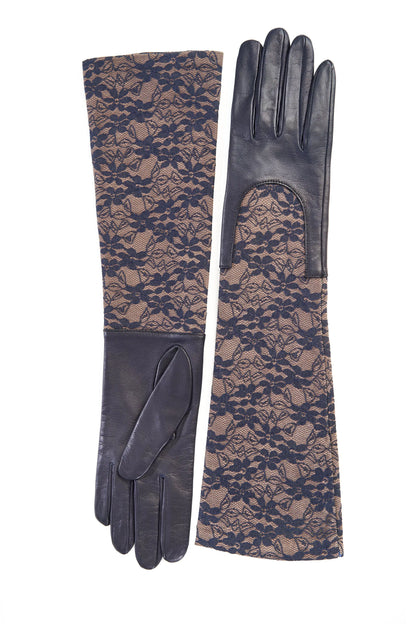Ladies navy leather gloves with elbow lenght lace sleeve