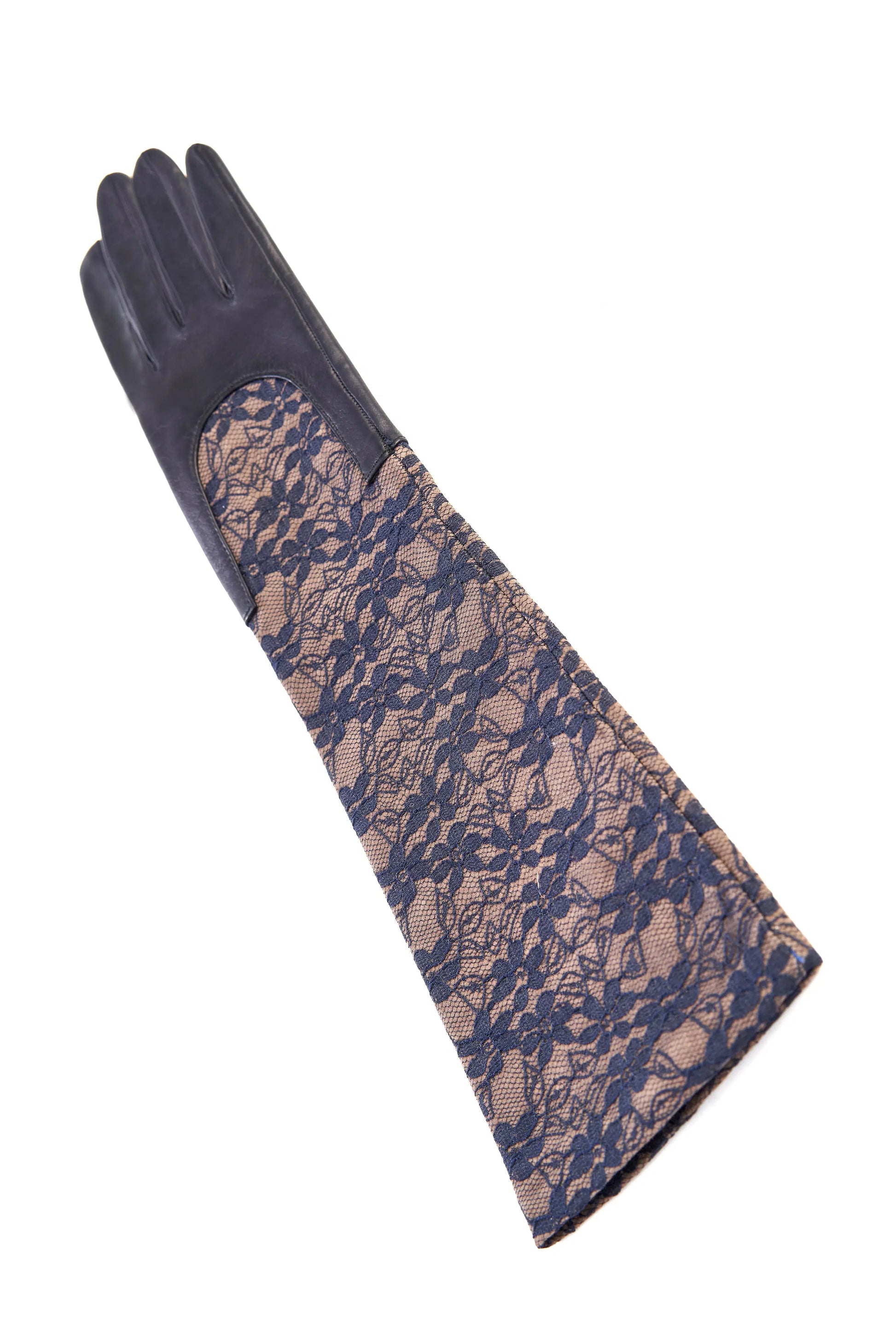 Ladies navy leather gloves with elbow lenght lace sleeve