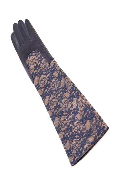 Ladies navy leather gloves with elbow lenght lace sleeve