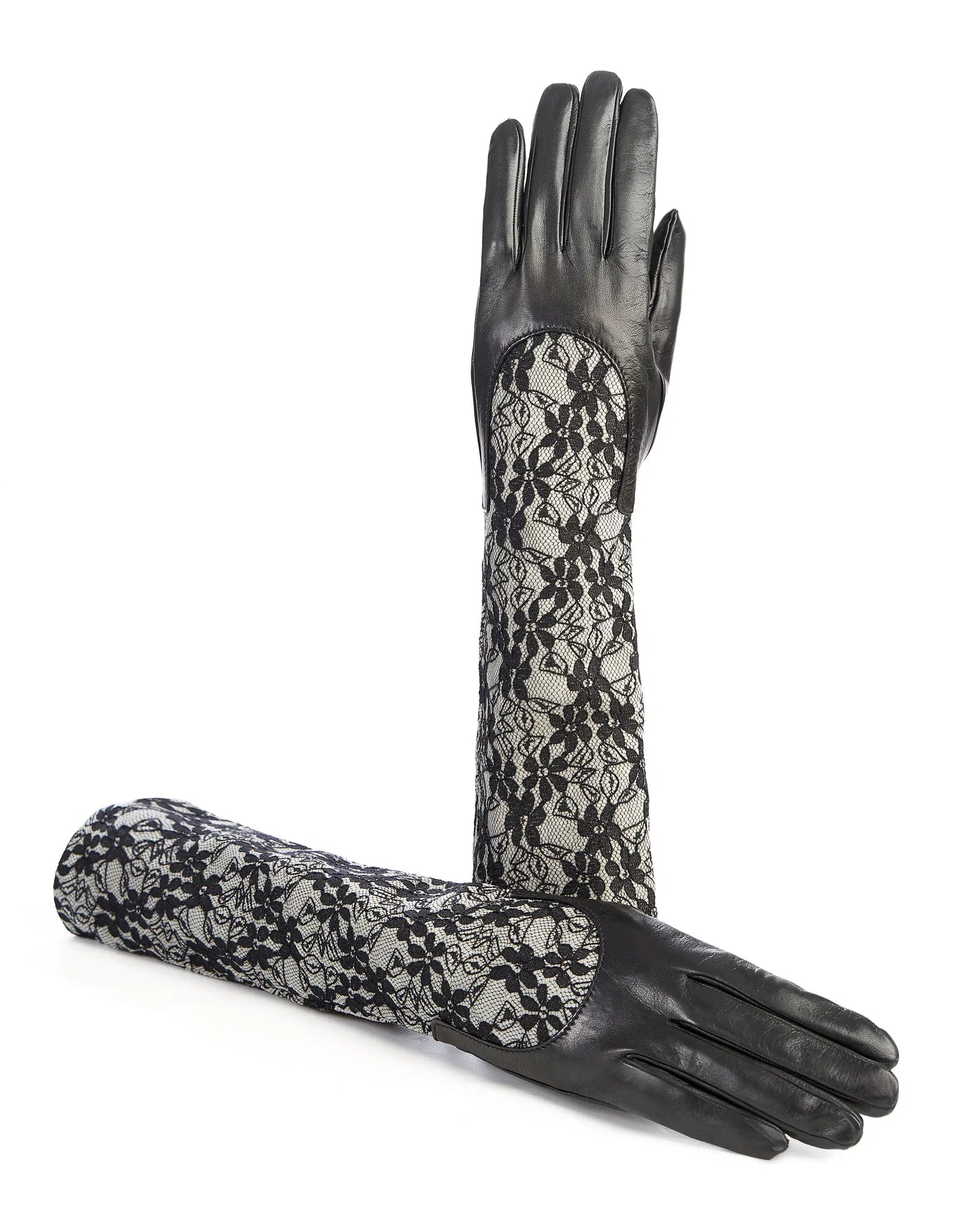 Ladies black leather gloves with elbow lenght grey lace sleeve