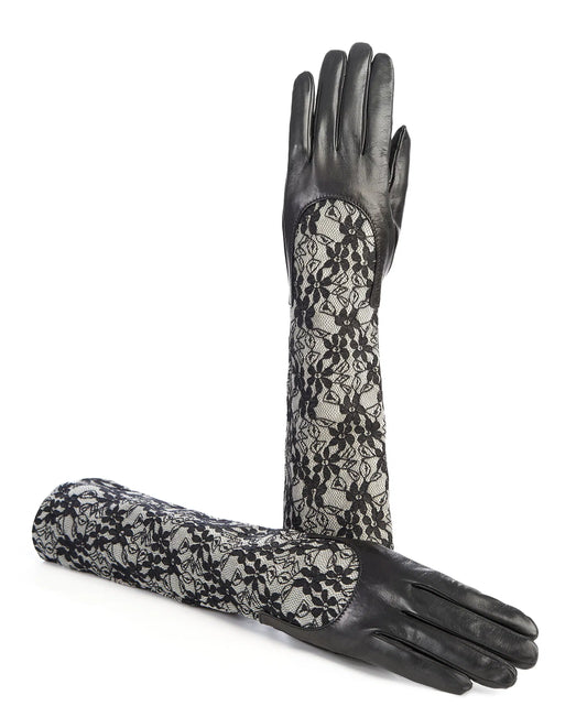 Ladies black leather gloves with elbow lenght grey lace sleeve