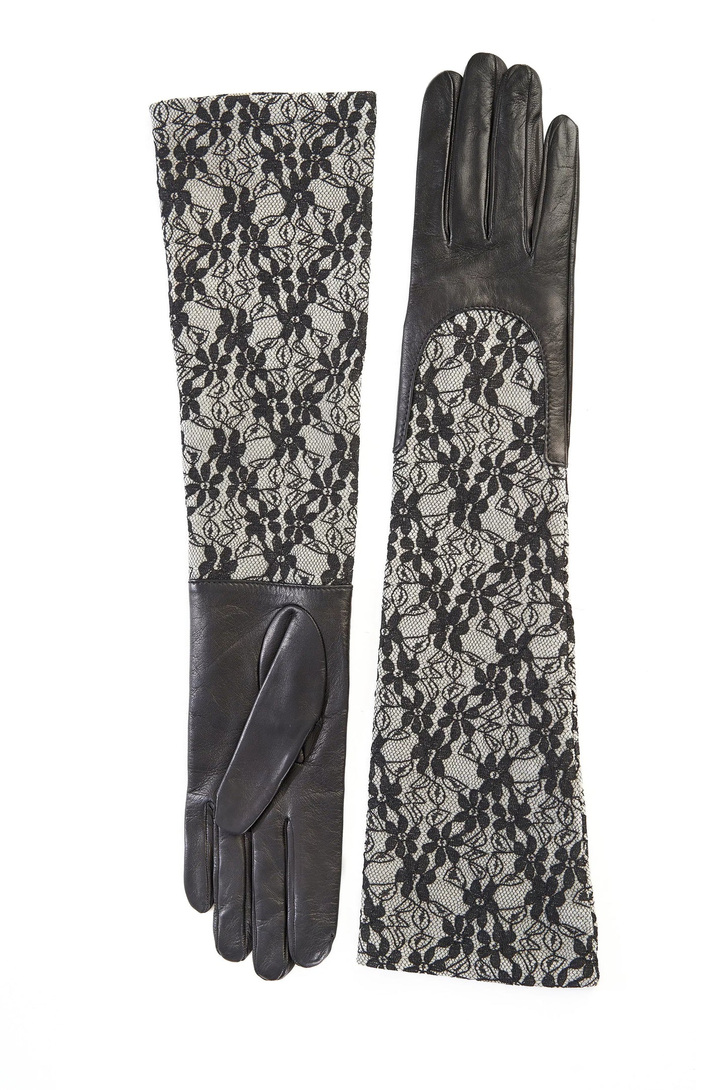 Ladies black leather gloves with elbow lenght grey lace sleeve