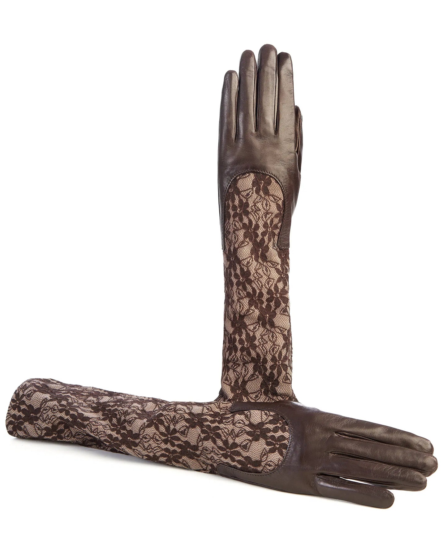 Ladies brown leather gloves with elbow lenght lace sleeve