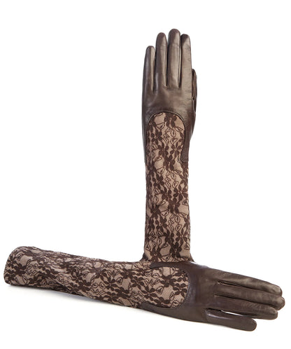 Ladies brown leather gloves with elbow lenght lace sleeve
