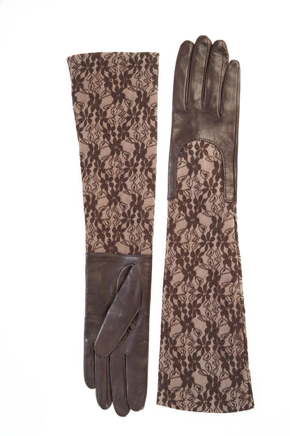 Ladies brown leather gloves with elbow lenght lace sleeve