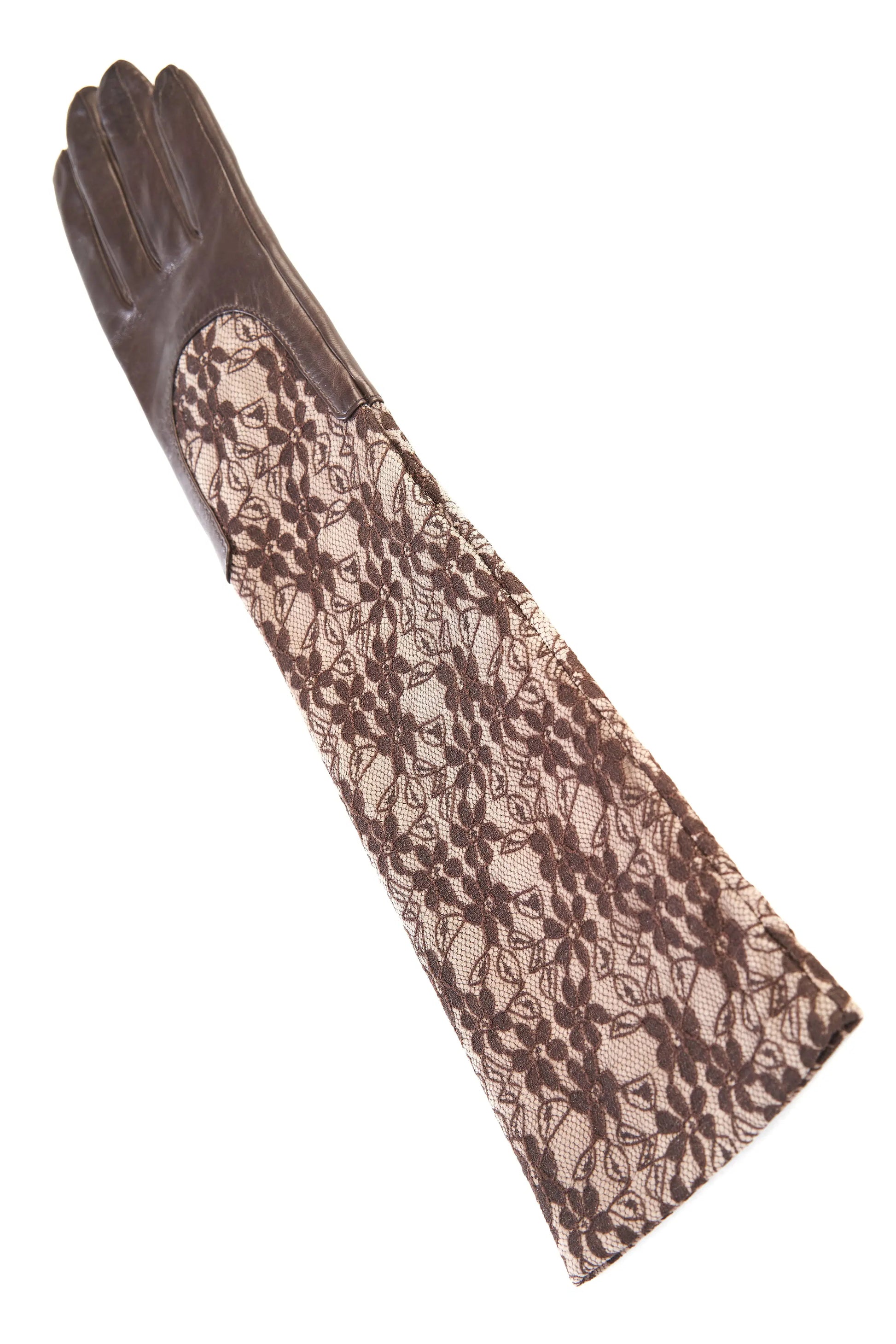 Ladies brown leather gloves with elbow lenght lace sleeve