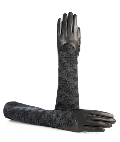 Ladies black leather gloves with elbow lenght lace sleeve