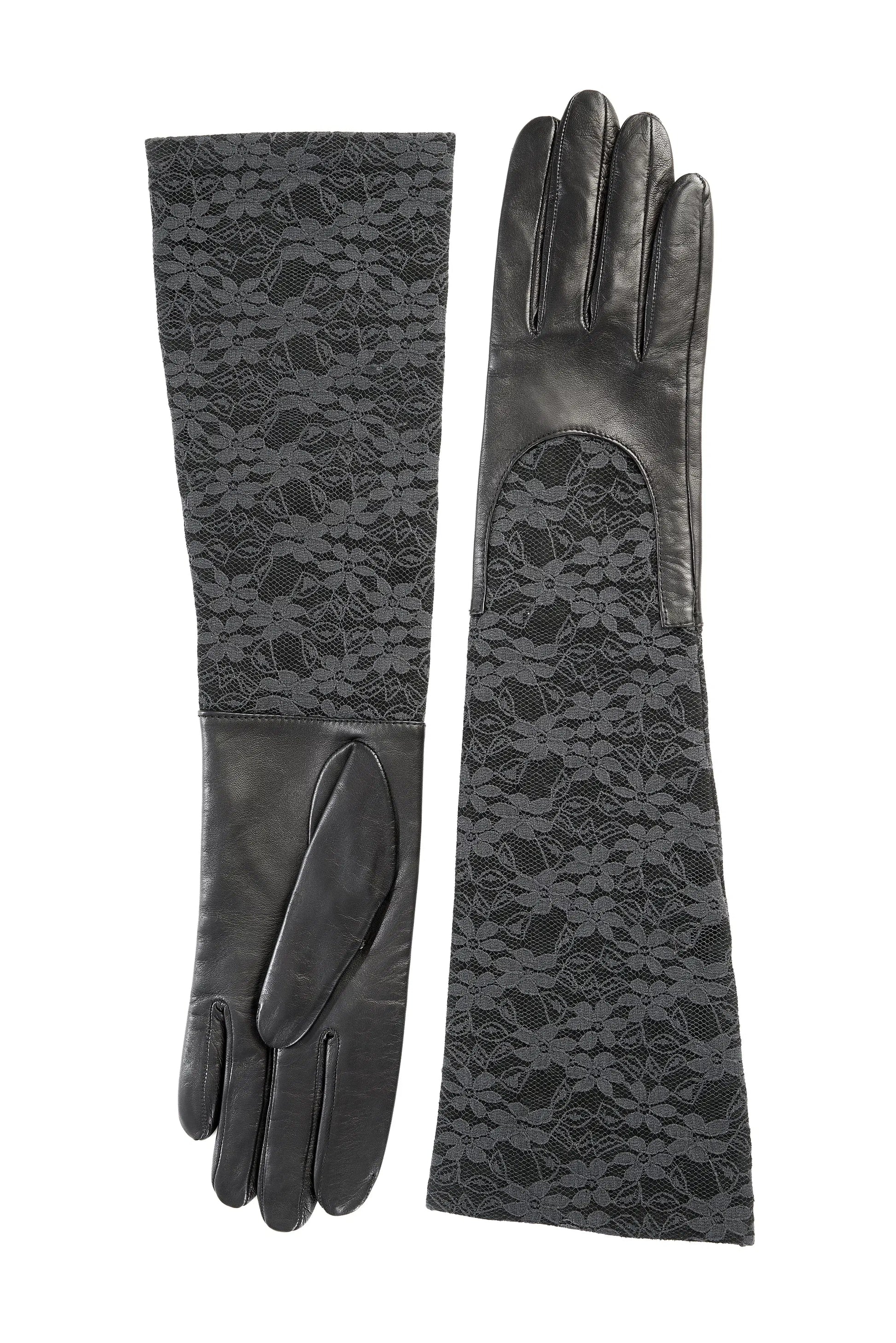 Ladies black leather gloves with elbow lenght lace sleeve