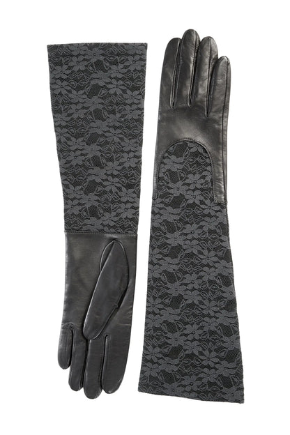 Ladies black leather gloves with elbow lenght lace sleeve
