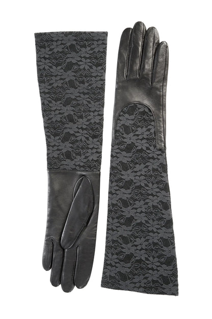 Ladies black leather gloves with elbow lenght lace sleeve