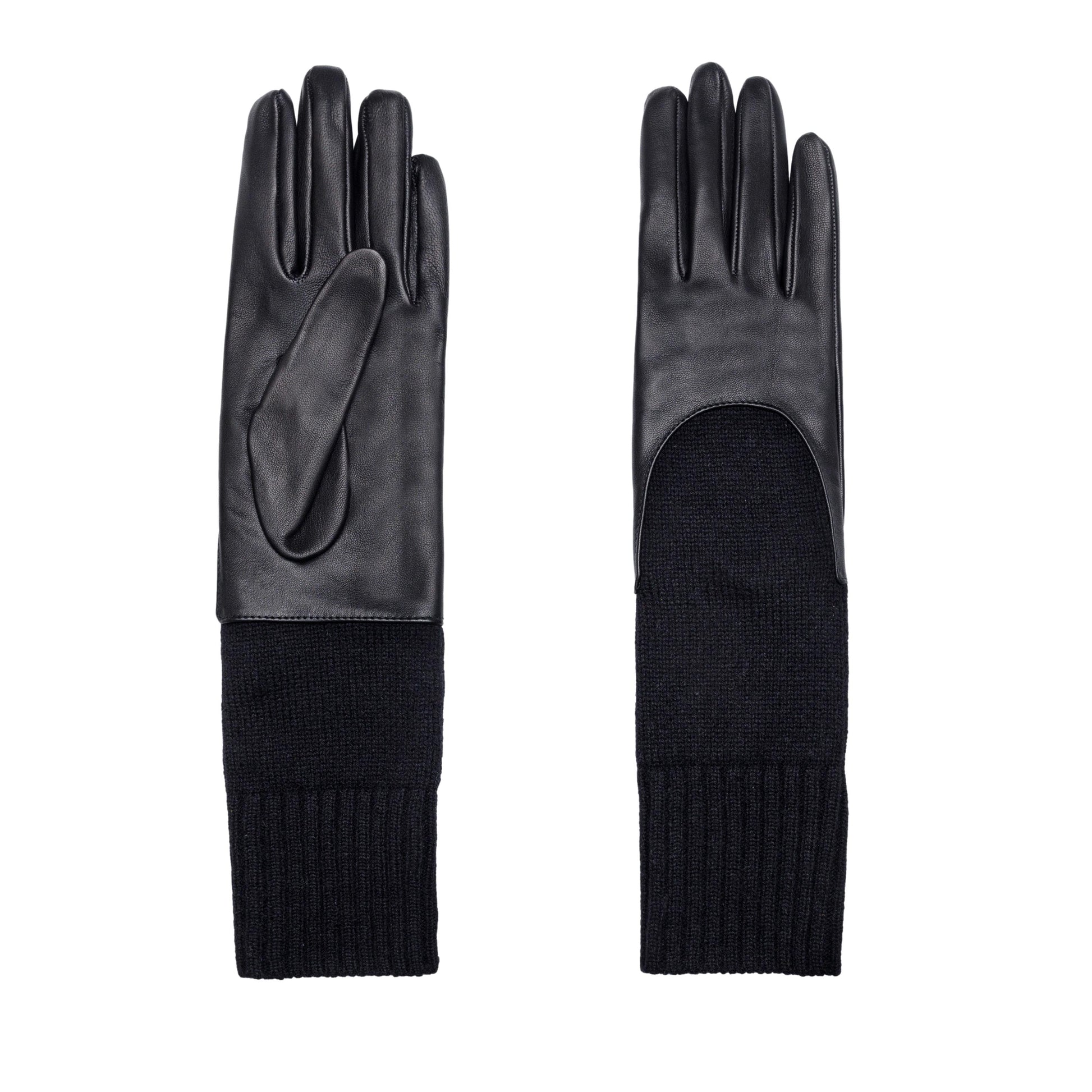 Women's metal free black nappa leather gloves with a medium-length natural cashmere sleeve