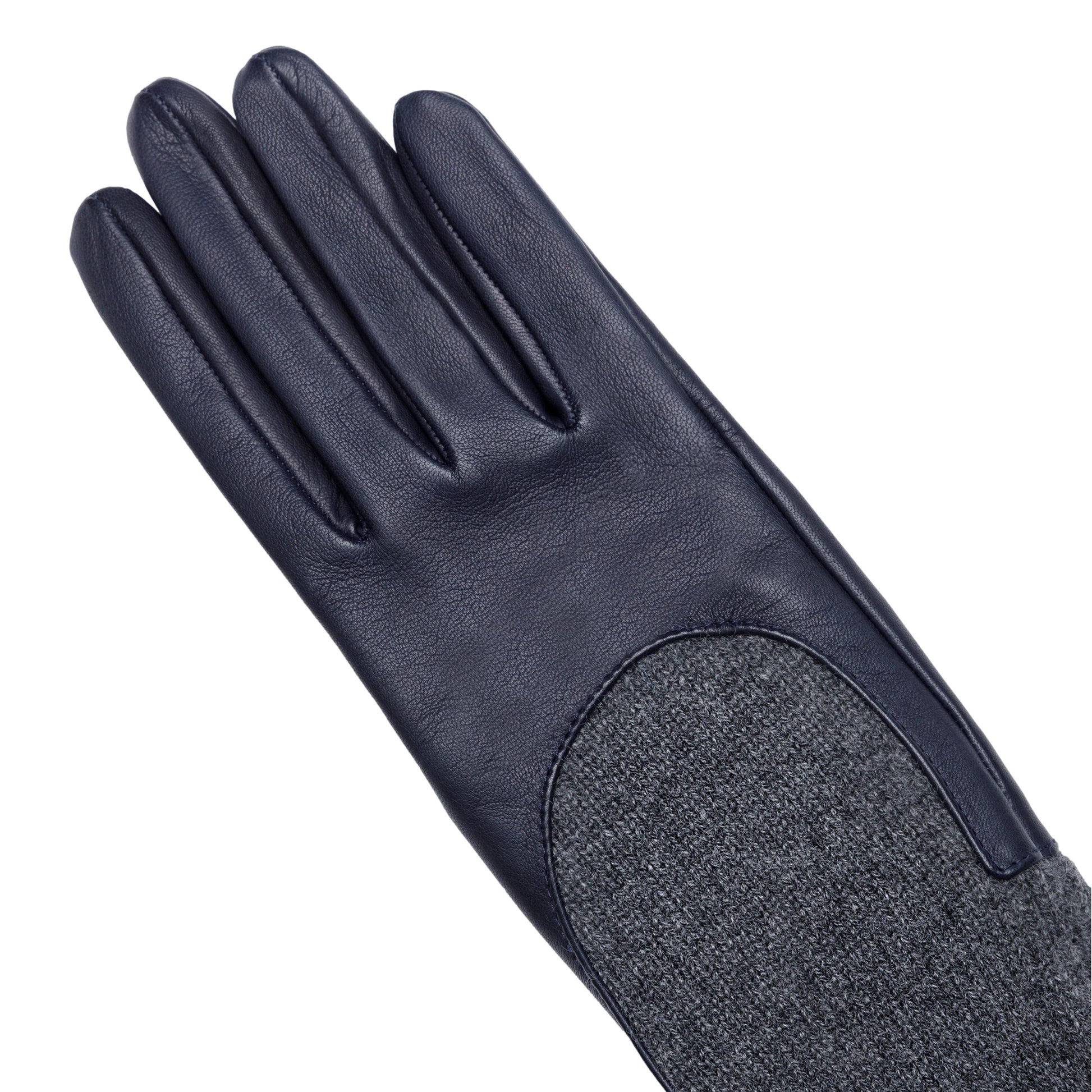 Women's metal free grey nappa leather gloves with a medium-length natural cashmere sleeve