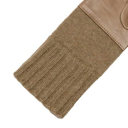 Women's taupe metal free nappa leather gloves with a medium-length natural cashmere sleeve