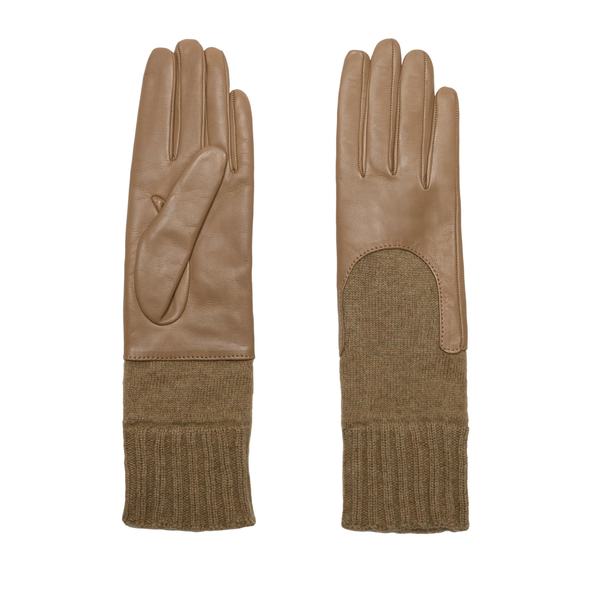 Women's taupe metal free nappa leather gloves with a medium-length natural cashmere sleeve