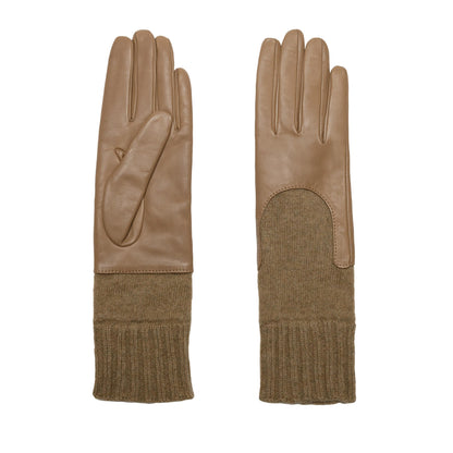 Women's taupe metal free nappa leather gloves with a medium-length natural cashmere sleeve