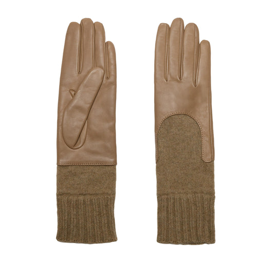 Women's taupe metal free nappa leather gloves with a medium-length natural cashmere sleeve