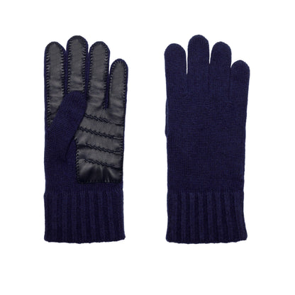 Men's natural blue cashmere gloves with chrome-free leather palm patch detail