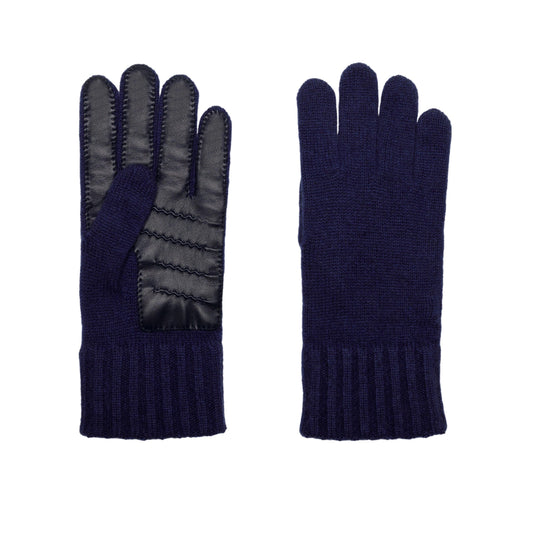 Men's natural blue cashmere gloves with chrome-free leather palm patch detail
