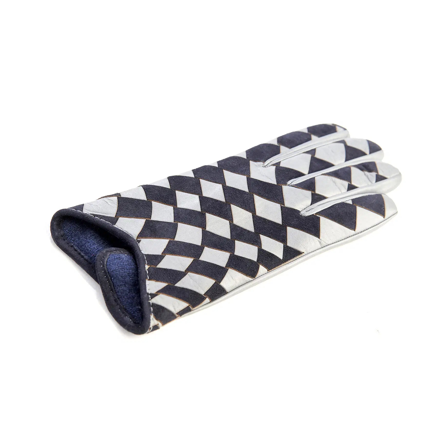 Women's leather gloves with woven panel of grey nappa and blue suede mix cashmere lining