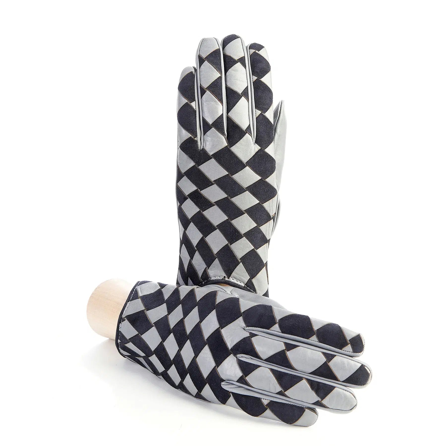 Women's leather gloves with woven panel of grey nappa and blue suede mix cashmere lining