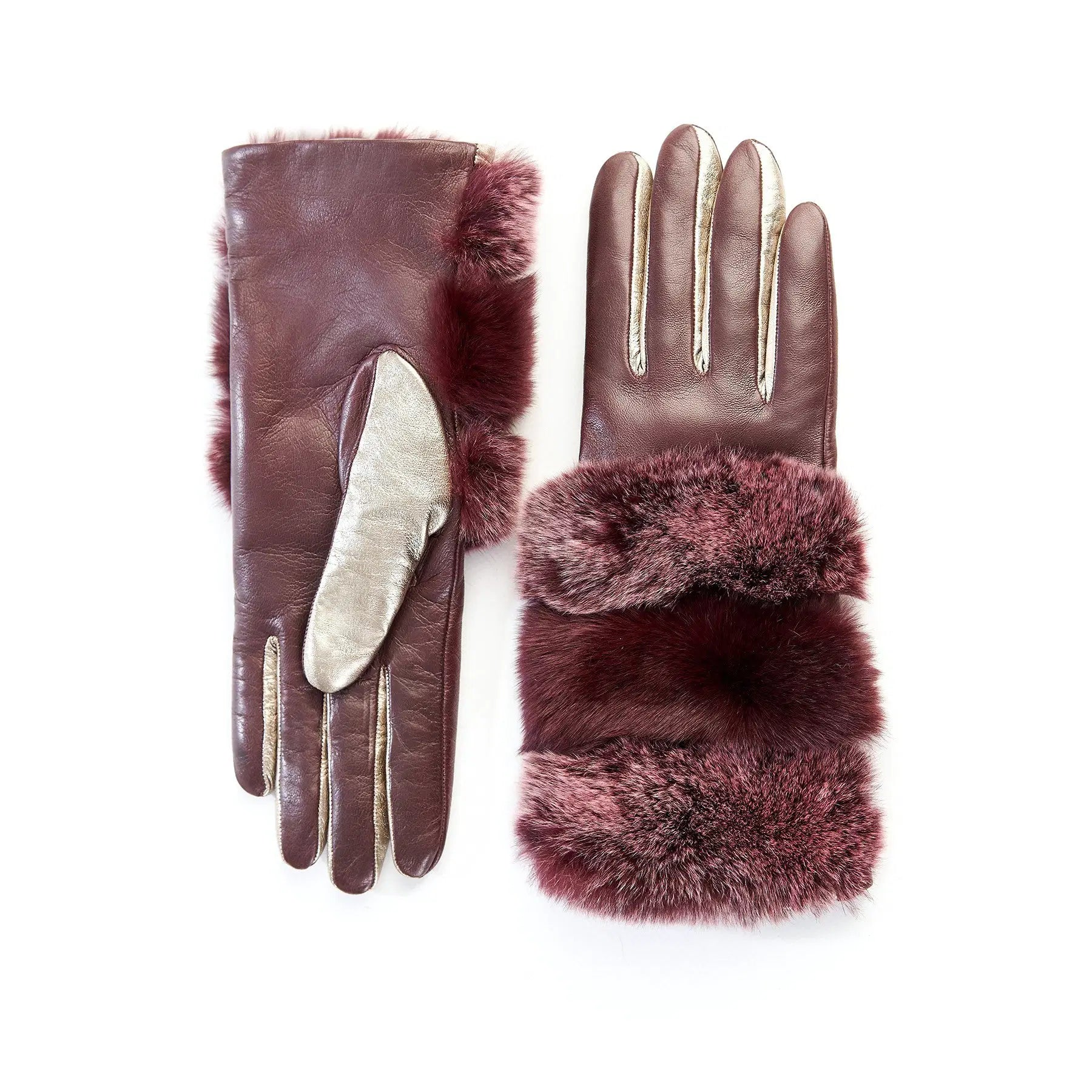 Damen-Handschuhe in Bordeaux und Gold Nappa-Leder mit Echtpelz – Gala Gloves