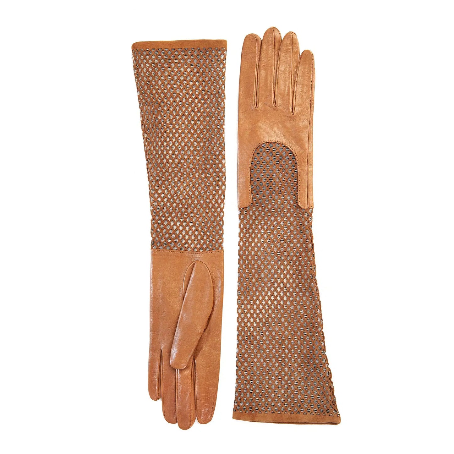 Women's genuine leather gloves in camel nappa and suede elbow lenght sleeve with particular design