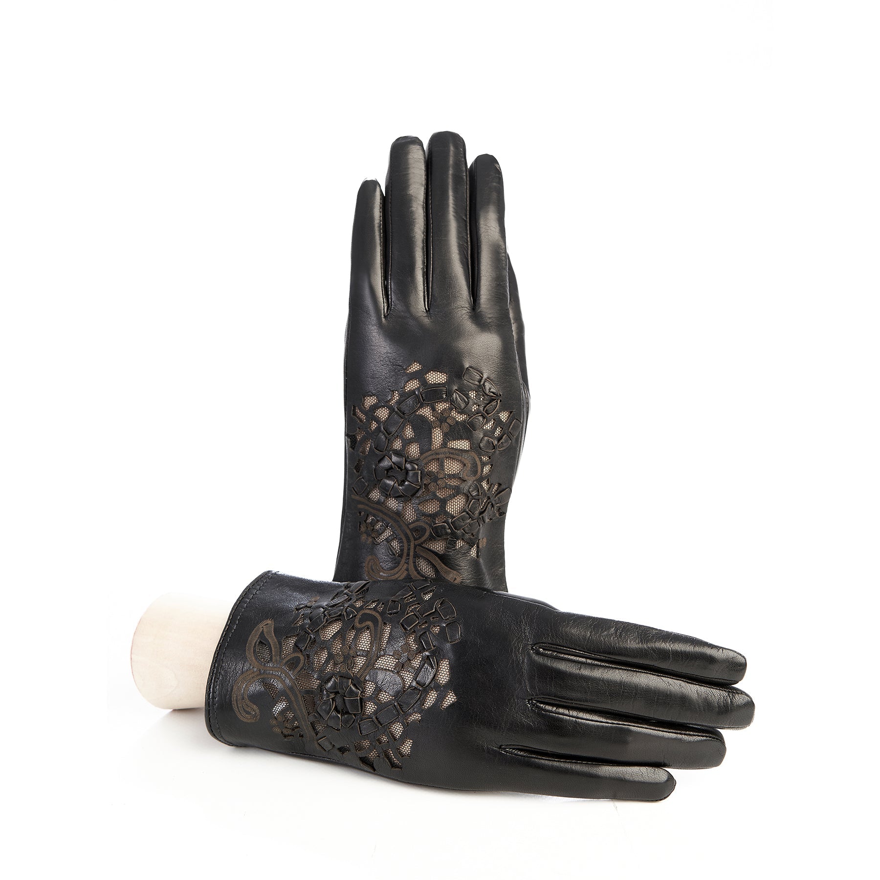 Guanti in pelle nera con fiori intagliati al laser