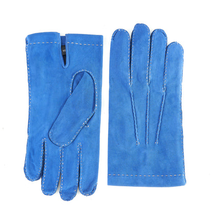 Men's handstitched blue suede leather gloves featuring a silk lining, showcasing elegant Italian craftsmanship.