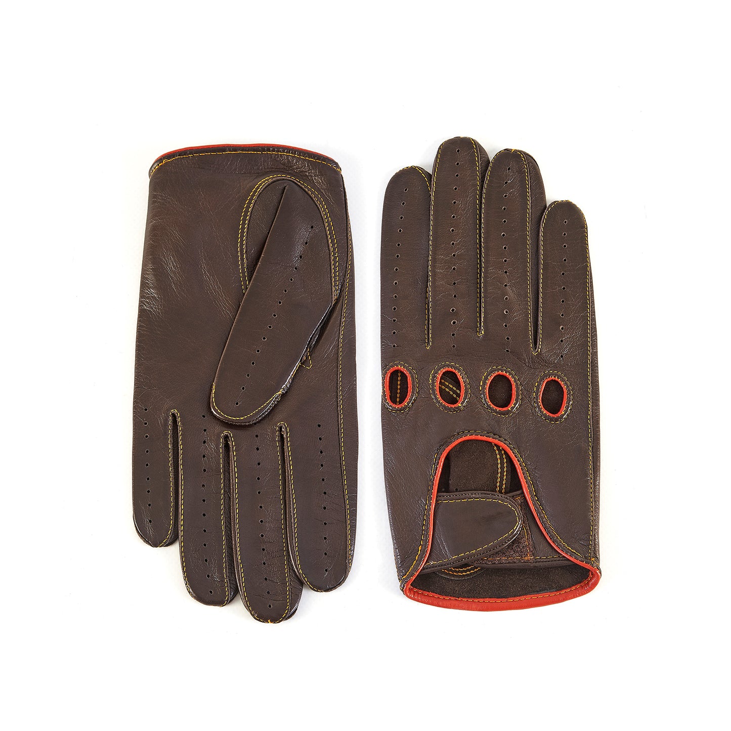 Men's brown leather driving gloves with strap closure
