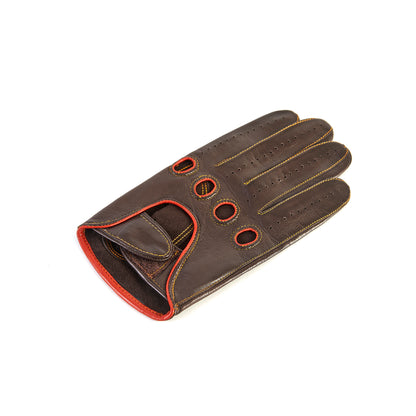 Men's brown leather driving gloves with strap closure