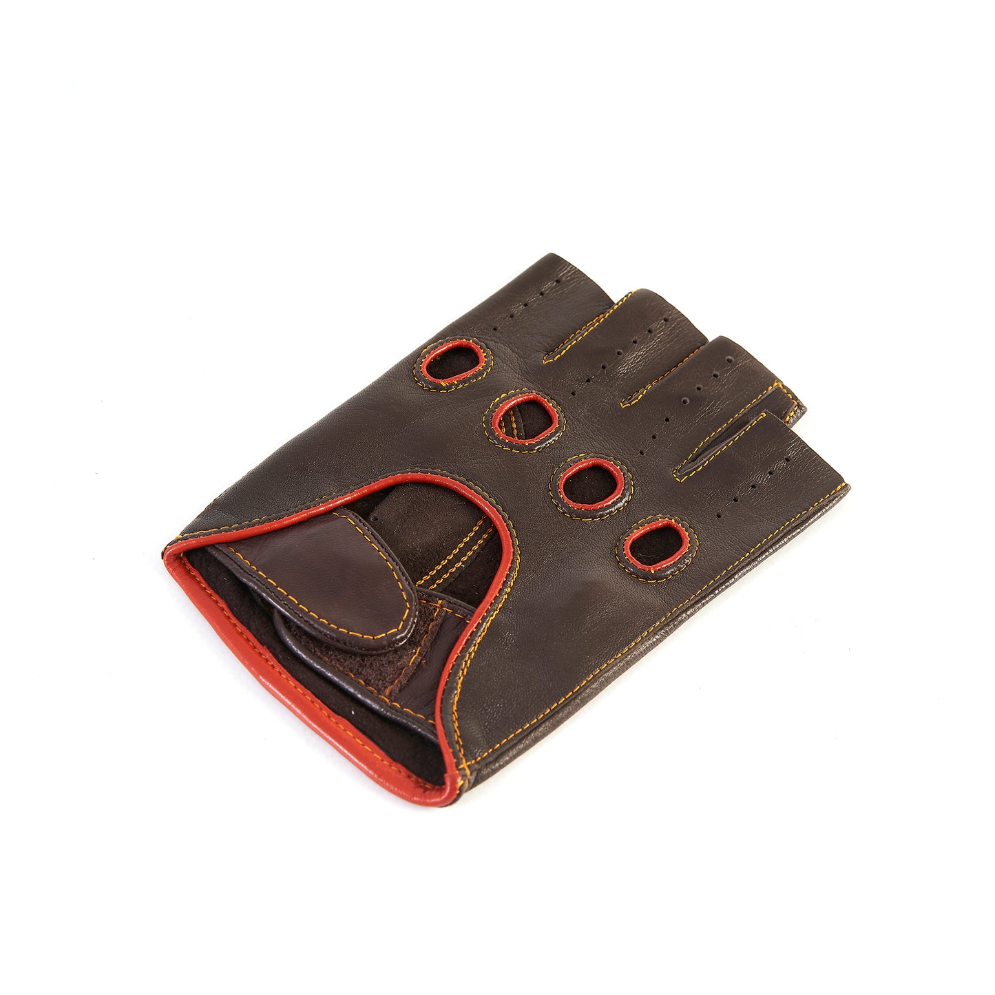 Men's brown leather half fingers driving gloves with strap closure